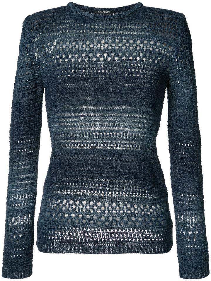 Balmain Crocheted Detail Jumper, Women's, Size: 38, Blue, Viscose/cotton