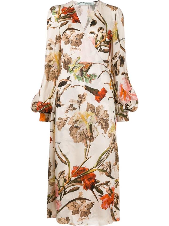 Off-white Floral Wrap Midi Dress
