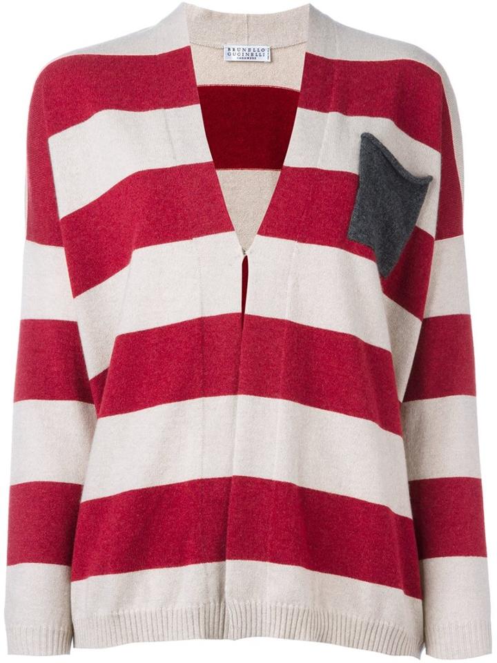 Brunello Cucinelli Striped Pocket Detail Cardigan, Women's, Size: Small, Nude/neutrals, Cashmere