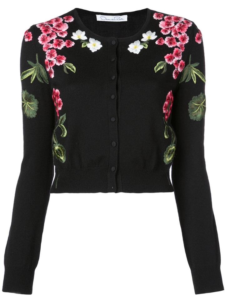 Oscar De La Renta Floral Embroidery Knitted Cardigan - Black