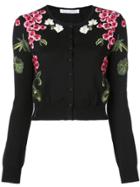 Oscar De La Renta Floral Embroidery Knitted Cardigan - Black