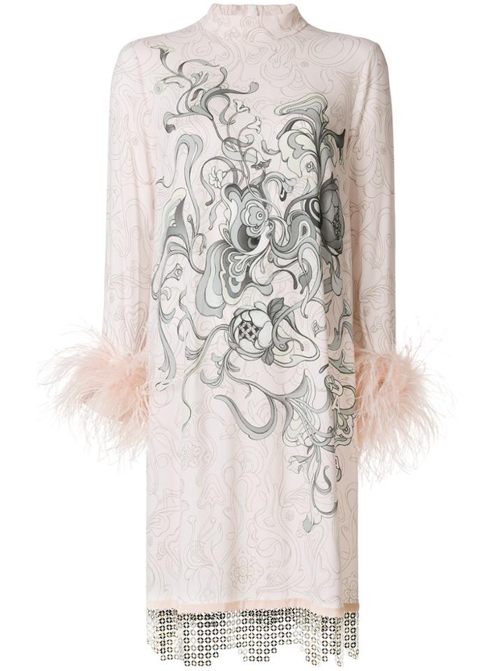 Prada Printed Feather-cuff Dress - Pink & Purple