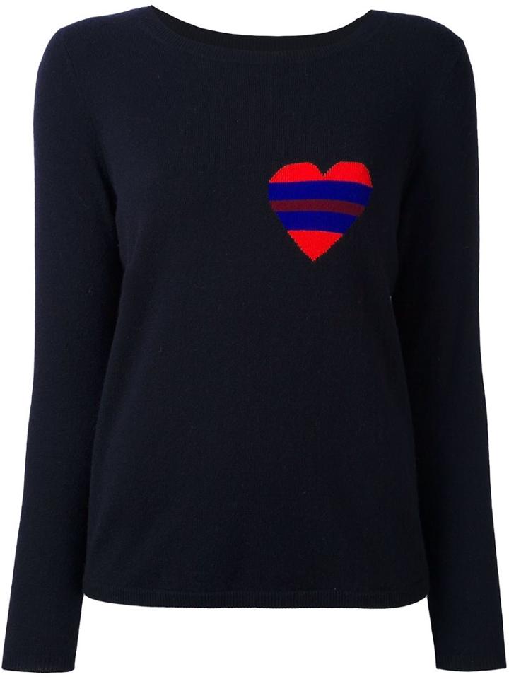 Chinti And Parker Striped Heart Logo Sweater, Women's, Size: Medium, Blue, Cashmere