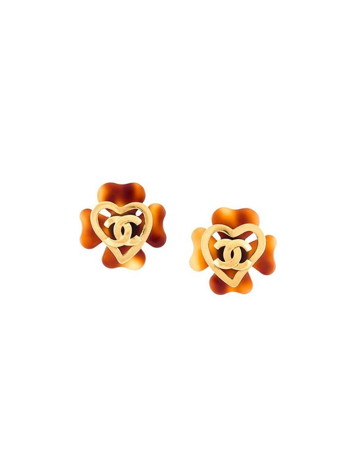 Chanel Vintage Cc Cloverleaf Clip-on Earrings, Women's, Brown