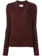Maison Margiela Ribbed V-neck Sweater, Women's, Size: Medium, Red, Wool