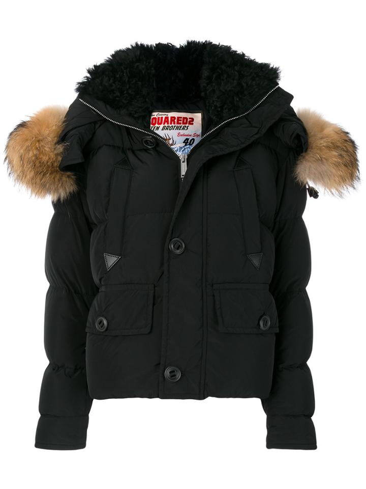Dsquared2 Fur Trimmed Padded Coat - Black