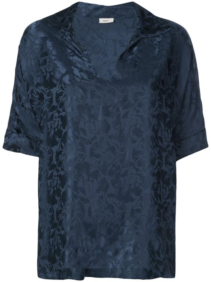 Warm Short Sleeved Floral Blouse - Blue
