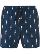 Neil Barrett Lightning Bolt Print Swim Shorts, Men's, Size: Xl, Blue, Polyester