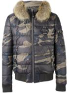 Philipp Plein - Racoon Fur Trim Puffer Jacket - Men - Polyester/racoon Fur - Xxl, Green, Polyester/racoon Fur