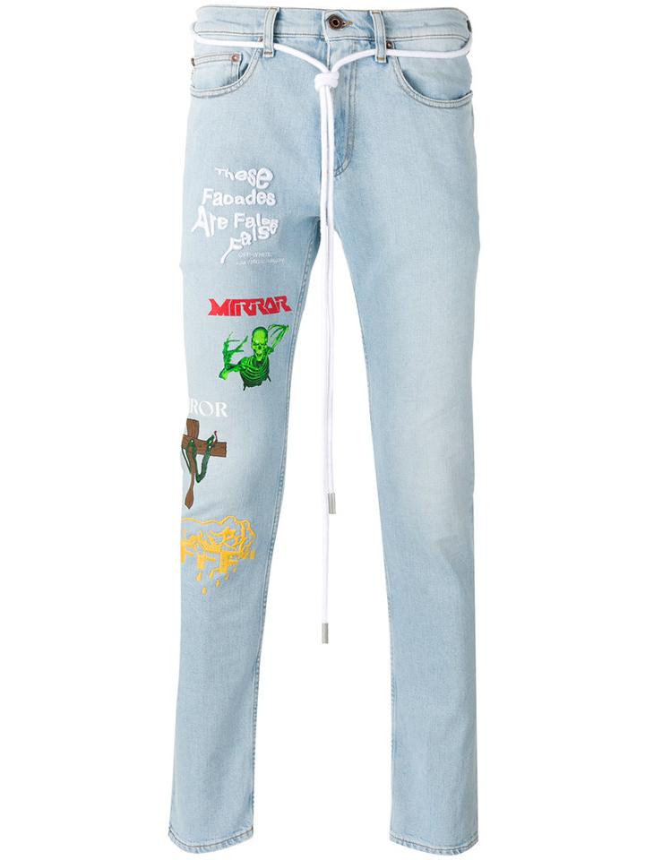 Off-white Multiple Prints Skinny Jeans, Men's, Size: 34, Blue, Cotton/spandex/elastane/polyester