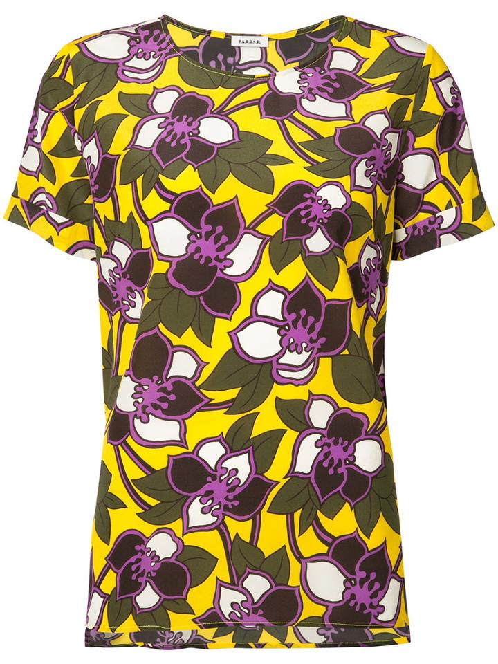 P.a.r.o.s.h. - Floral Short Sleeve Top - Women - Silk - M, Yellow/orange, Silk