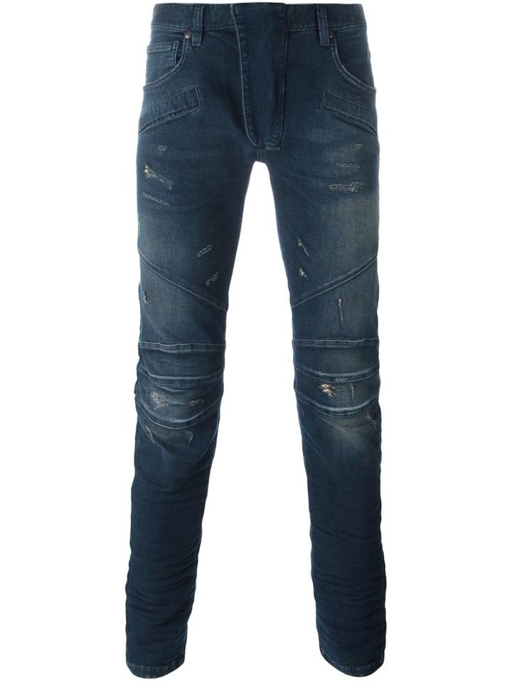 Pierre Balmain Ribbed Detailing Skinny Jeans, Men's, Size: 33, Blue, Cotton/polyester/spandex/elastane
