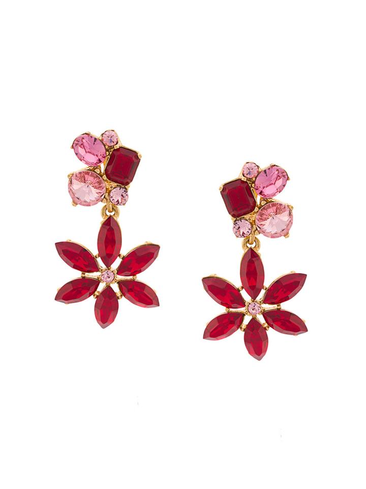 Oscar De La Renta Crystal Flower Earrings - Red