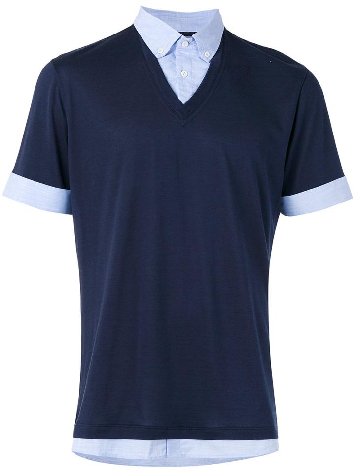 Brunello Cucinelli Layered Effect Polo Shirt, Men's, Size: Xl, Blue, Silk/cotton