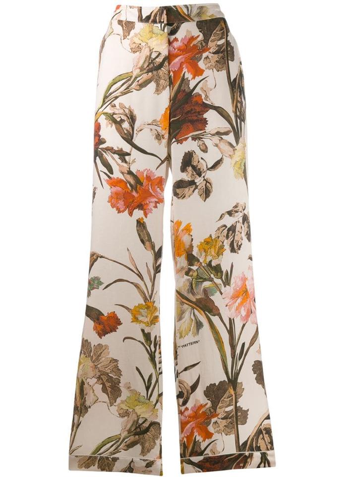 Off-white Floral-print Pyjama Style Trousers - Neutrals