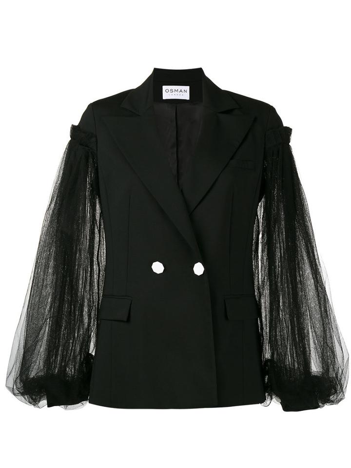 Osman - Lace Sleeve Double Breasted Blazer - Women - Polyamide/spandex/elastane/viscose/wool - 14, Black, Polyamide/spandex/elastane/viscose/wool