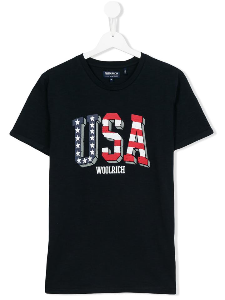 Woolrich Kids Usa Slogan T-shirt, Boy's, Size: 16 Yrs, Blue