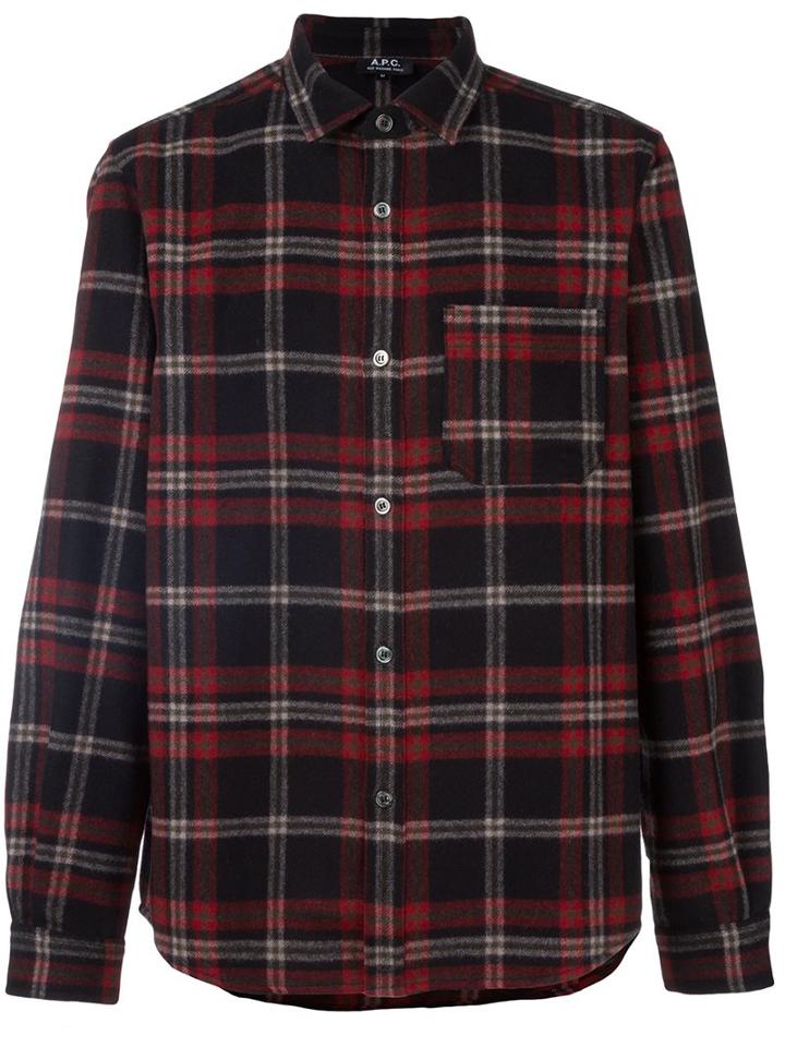 A.p.c. Plaid Button Down Shirt, Men's, Size: Large, Black, Nylon/wool