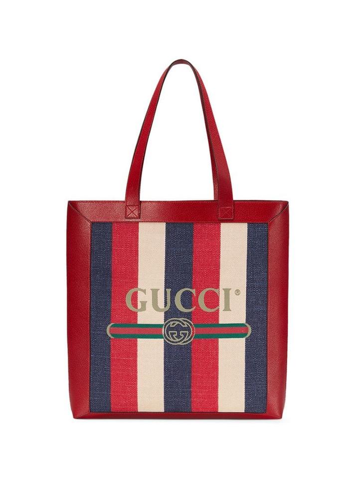 Gucci Red, Blue And Cream Logo Linen And Leather Tote