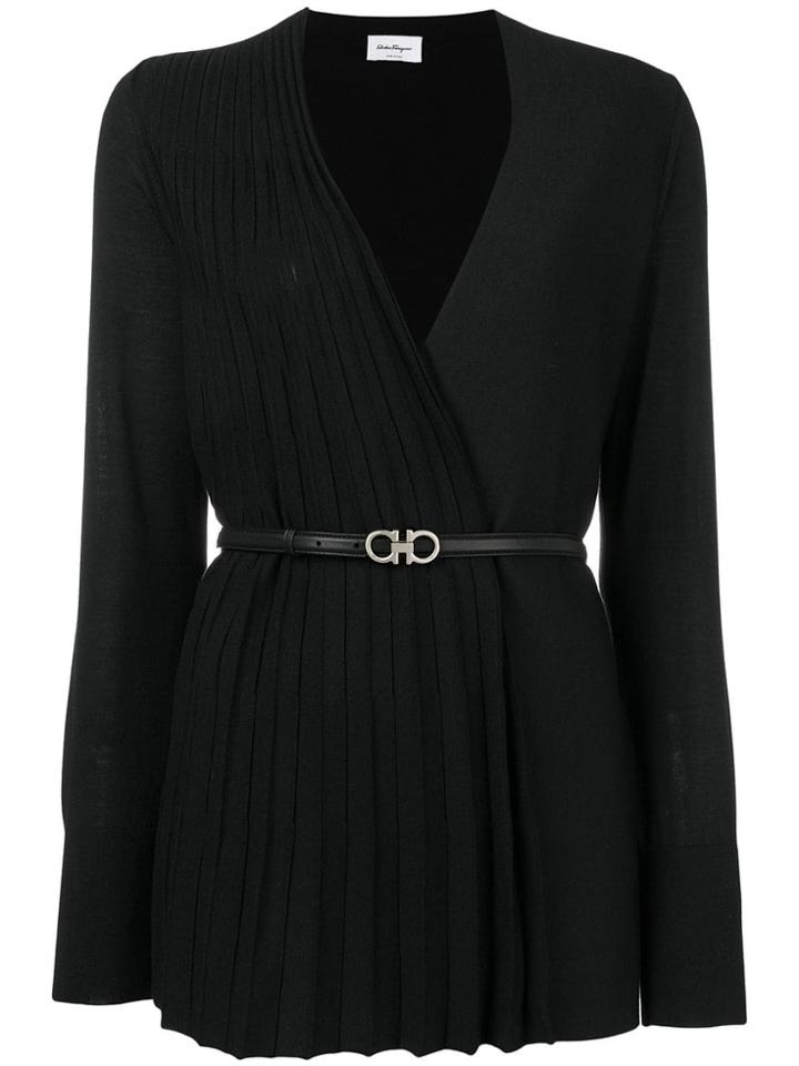 Salvatore Ferragamo Pleated Panel Belted Cardigan - Black