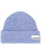 Ganni Ribbed Logo Beanie - Blue