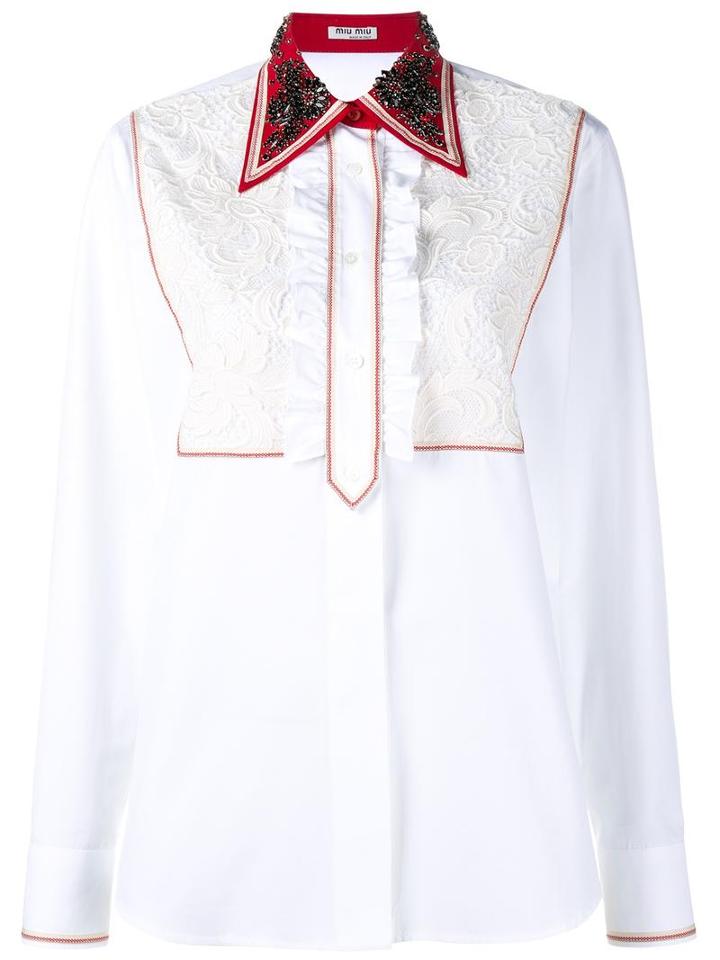 Miu Miu Embellished Collar Jacquard Blouse, Women's, Size: 40, White, Cotton