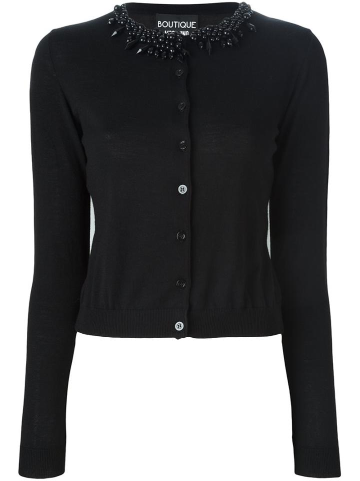 Boutique Moschino Embellished Collar Cardigan, Women's, Size: 44, Black, Virgin Wool