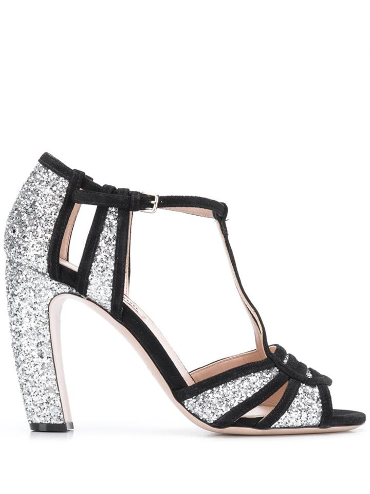 Miu Miu Glitter Block Heel Sandals - Black