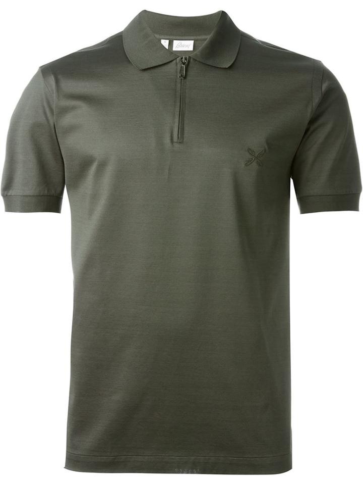 Brioni Zip Collar Polo Shirt, Men's, Size: L, Green, Cotton
