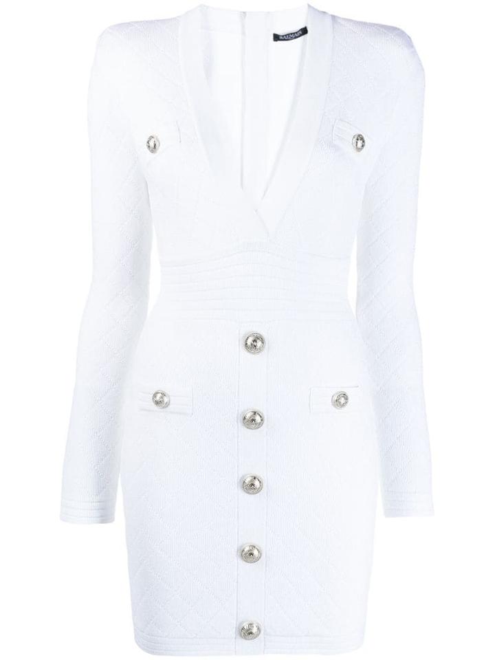 Balmain Button Embellished Quilted Dress - White