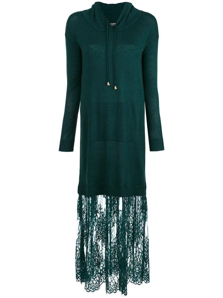 Twin-set - Lace Detail Hooded Dress - Women - Polyamide/viscose/wool - M, Green, Polyamide/viscose/wool