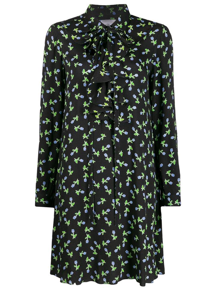 Be Blumarine Ruffle Trim Floral Shift Dress - Black