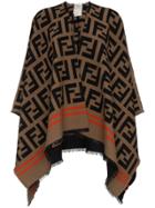 Fendi Beige, Black And Orange Ff Logo Wool Shawl - Brown