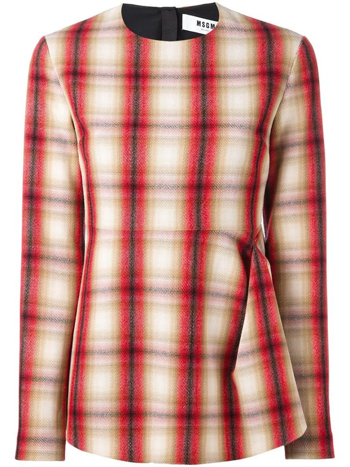 Msgm Gathered Plaid Blouse, Women's, Size: 38, Red, Polyester/virgin Wool