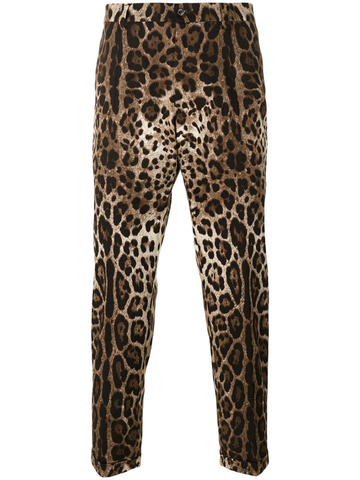 Dolce & Gabbana Leopard Print Trousers, Men's, Size: 46, Brown, Cotton/spandex/elastane