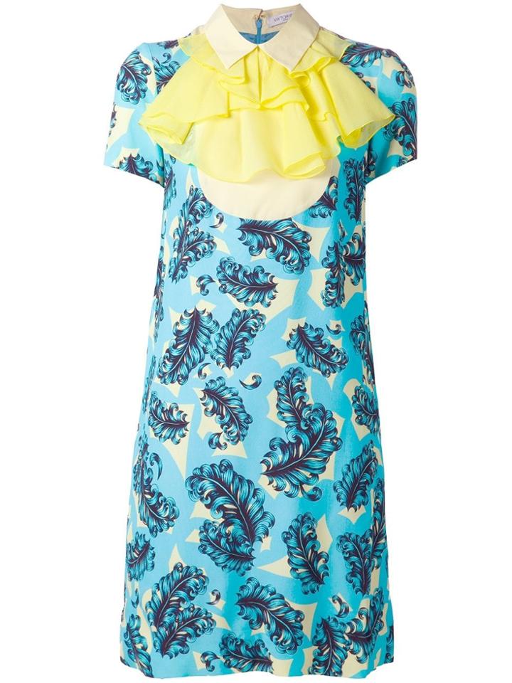 Viktor & Rolf Baroque Feather Print Shift Dress - Blue
