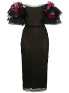 Marchesa Oversized Sleeve Floral Appliqué Dress - Black