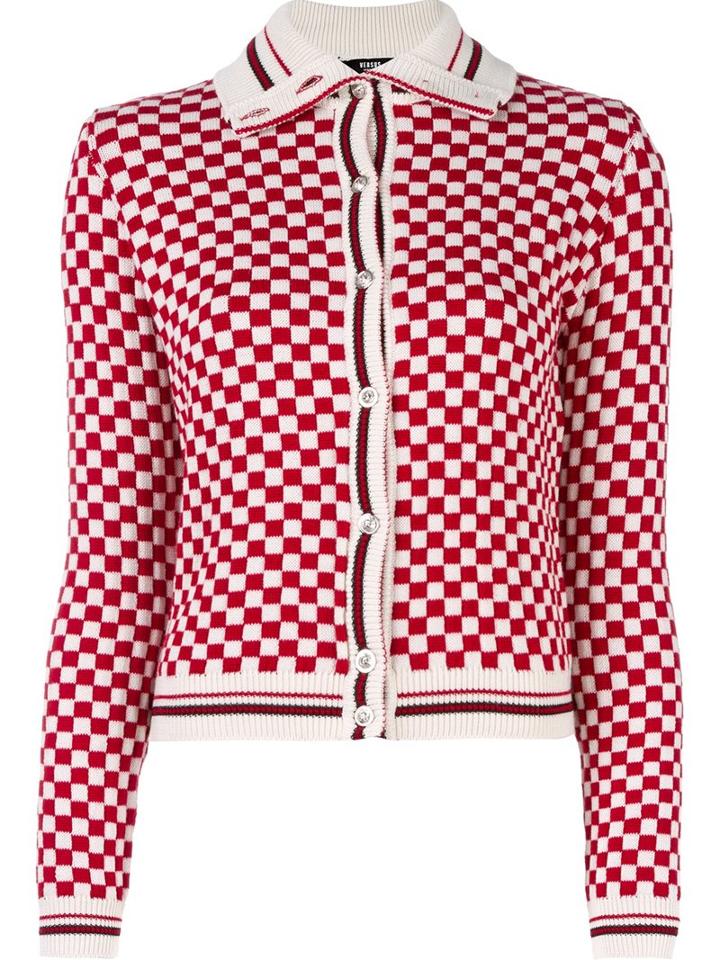 Versus Checked Button Down Cardigan, Women's, Size: 42, Red, Acrylic/viscose/wool