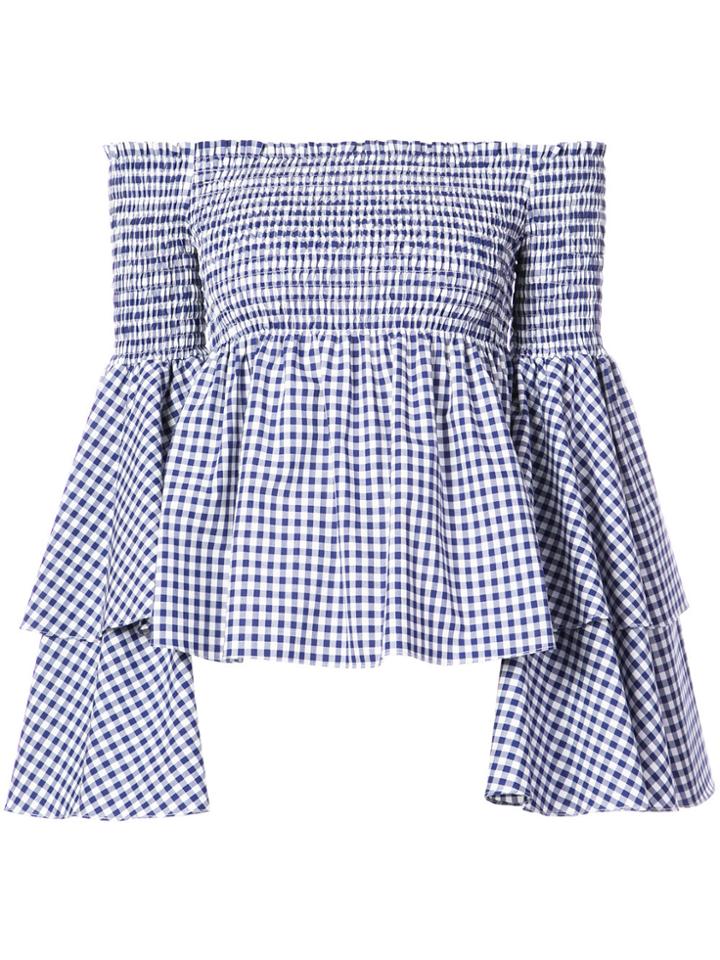 Caroline Constas Gingham Frill Sleeves Off The Shoulder Top - Blue