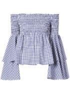 Caroline Constas Gingham Frill Sleeves Off The Shoulder Top - Blue