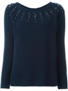 Twin-set Embellished Neck Jumper, Women's, Size: Xs, Blue, Polyamide/wool/metal/glass