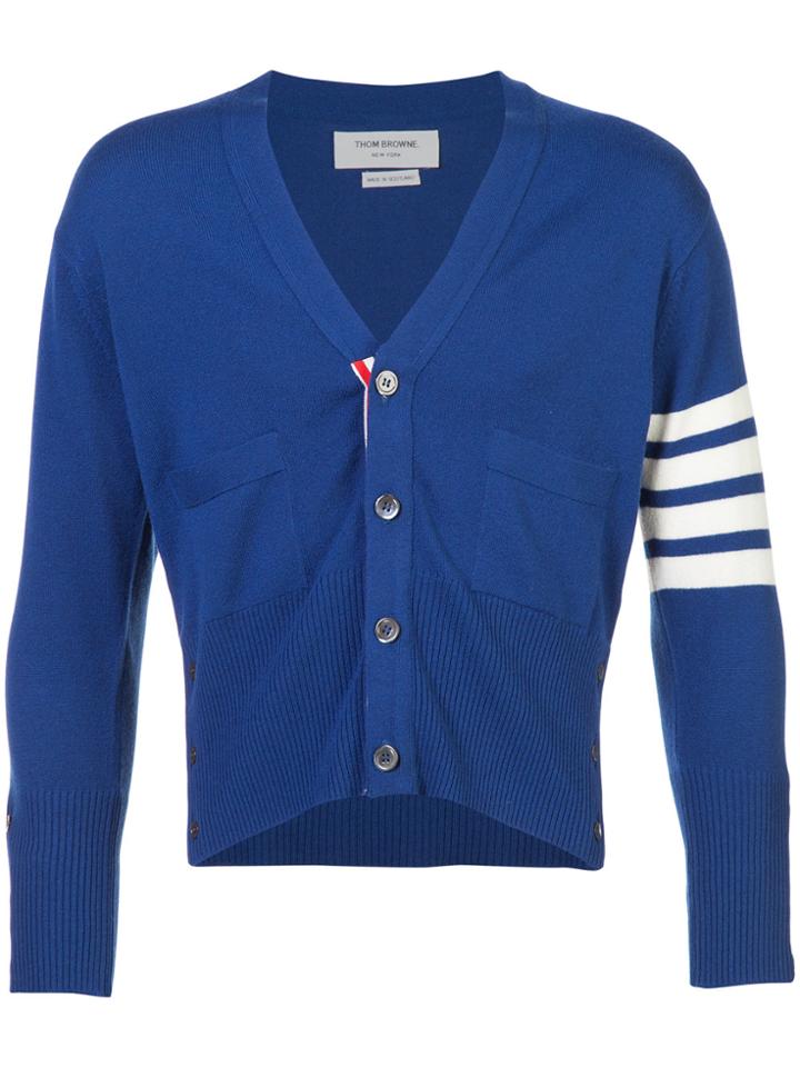 Thom Browne Short V-neck Cardigan With 4-bar Stripe In Blue Cashmere