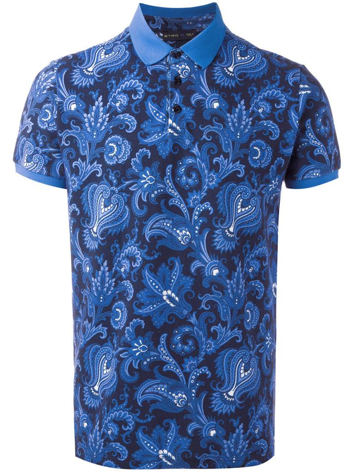 Etro Allover Print Polo Shirt, Men's, Size: Medium, Blue, Cotton