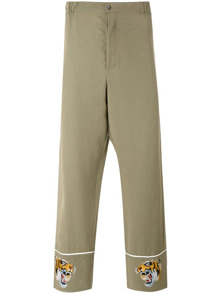 Laneus - Embroidered Tiger Trousers - Men - Viscose/tencel - 48, Green, Viscose/tencel
