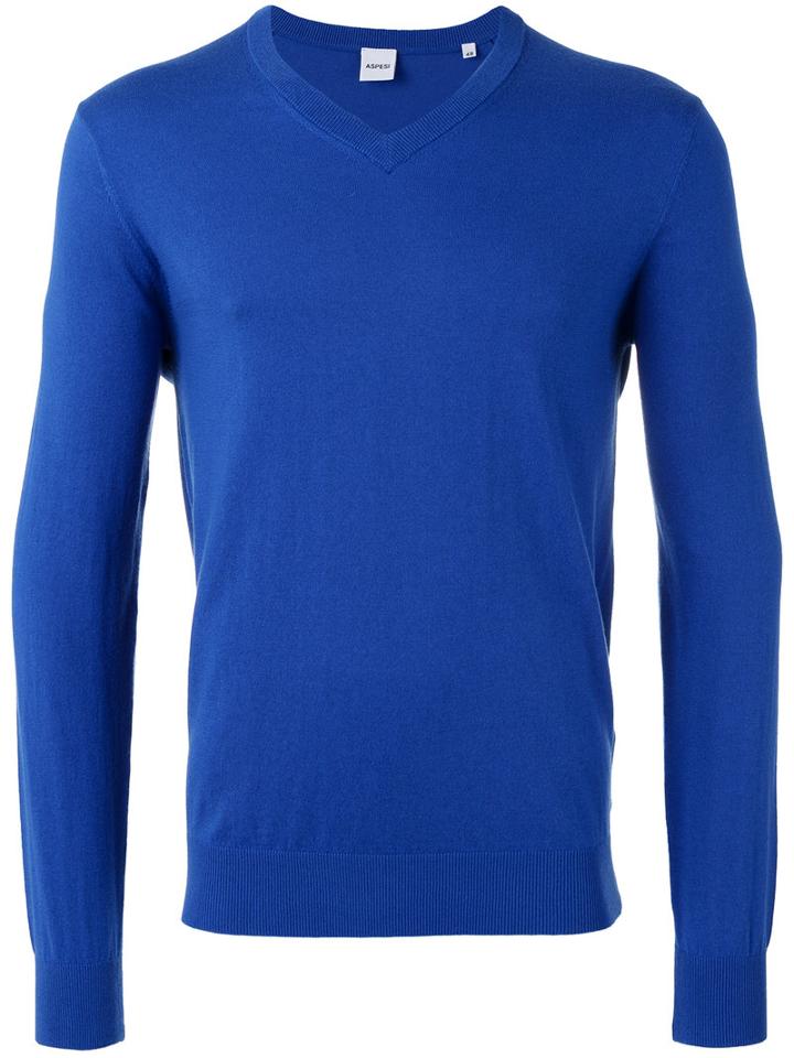 Aspesi V-neck Jumper, Men's, Size: 52, Blue, Cotton/cashmere