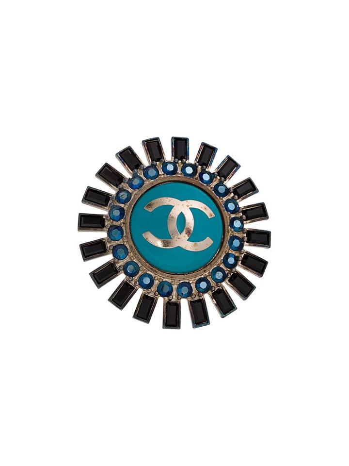 Chanel Vintage Rhinestone Logo Brooch, Women's, Blue
