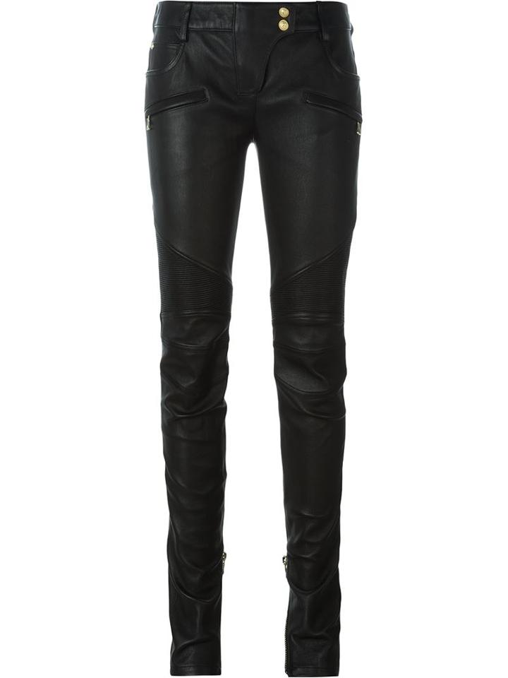 Balmain Skinny Biker Jeans, Women's, Size: 36, Black, Cotton/lamb Skin/polyester/spandex/elastane