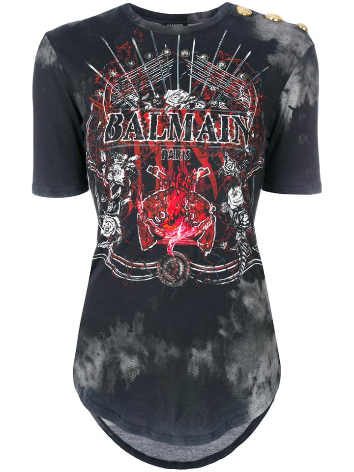 Balmain Stud Shoulder Graphic T-shirt - Grey