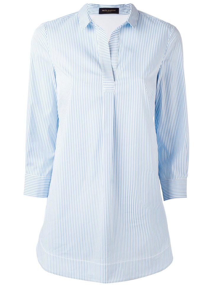 Piazza Sempione Open Neck Striped Shirt, Women's, Size: 48, Blue, Cotton/polyamide/spandex/elastane/cotton