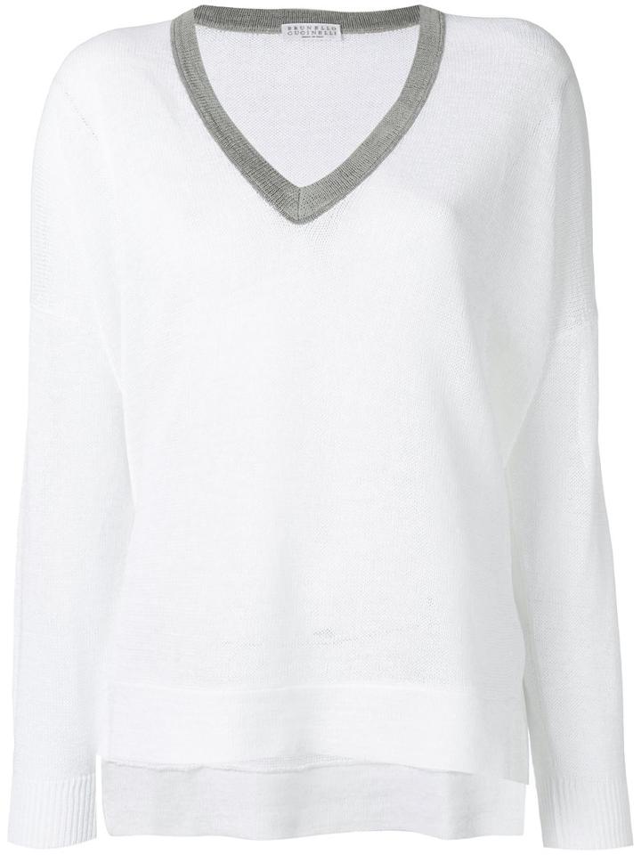 Brunello Cucinelli Contrast V-neck Jumper, Women's, Size: Large, White, Cotton/brass